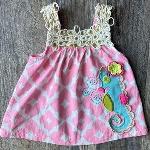 Mud Pie Seahorse Dress 0-6M Pink Beach Summer Boutique Baby Girl